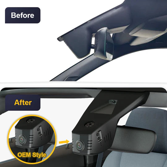 Före- och efterbild av FitCamX Dashcam installerad i en Peugeot e-208 2020-2025 vid backspegeln.