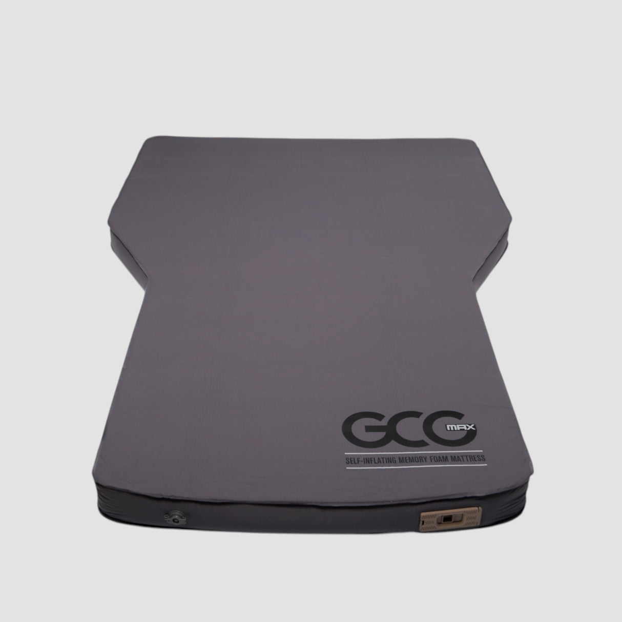 GCG MAX Premium luftmadrass med memory foam i grå, sedd uppifrån på vit bakgrund.