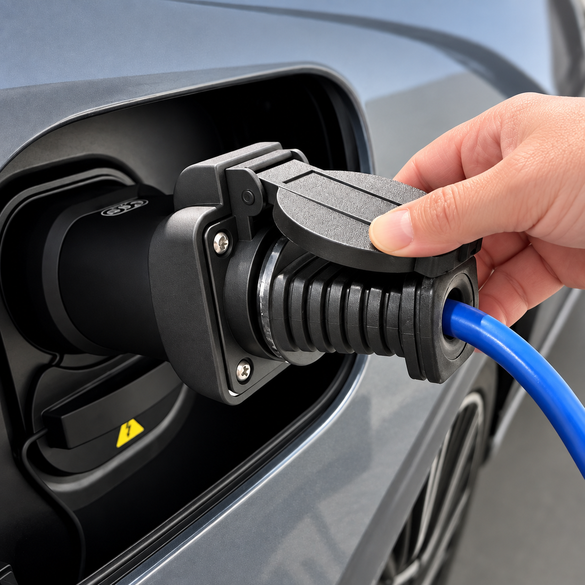Hånd sætter GCG MAX V2L adapter i elbilens ladeport