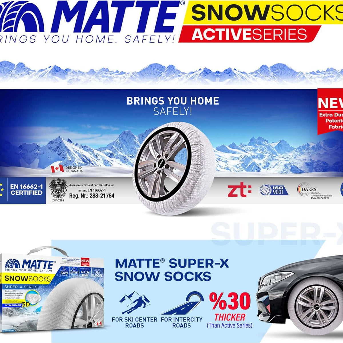 Matta Super-X snösockor för bilar med logotyp och tekniska specifikationer.