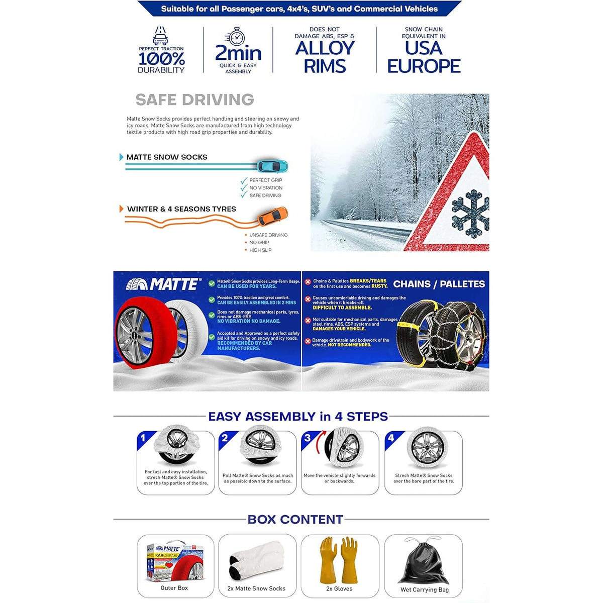 Matta SUPER-X snösockor monterade på däck i detaljerad presentation.