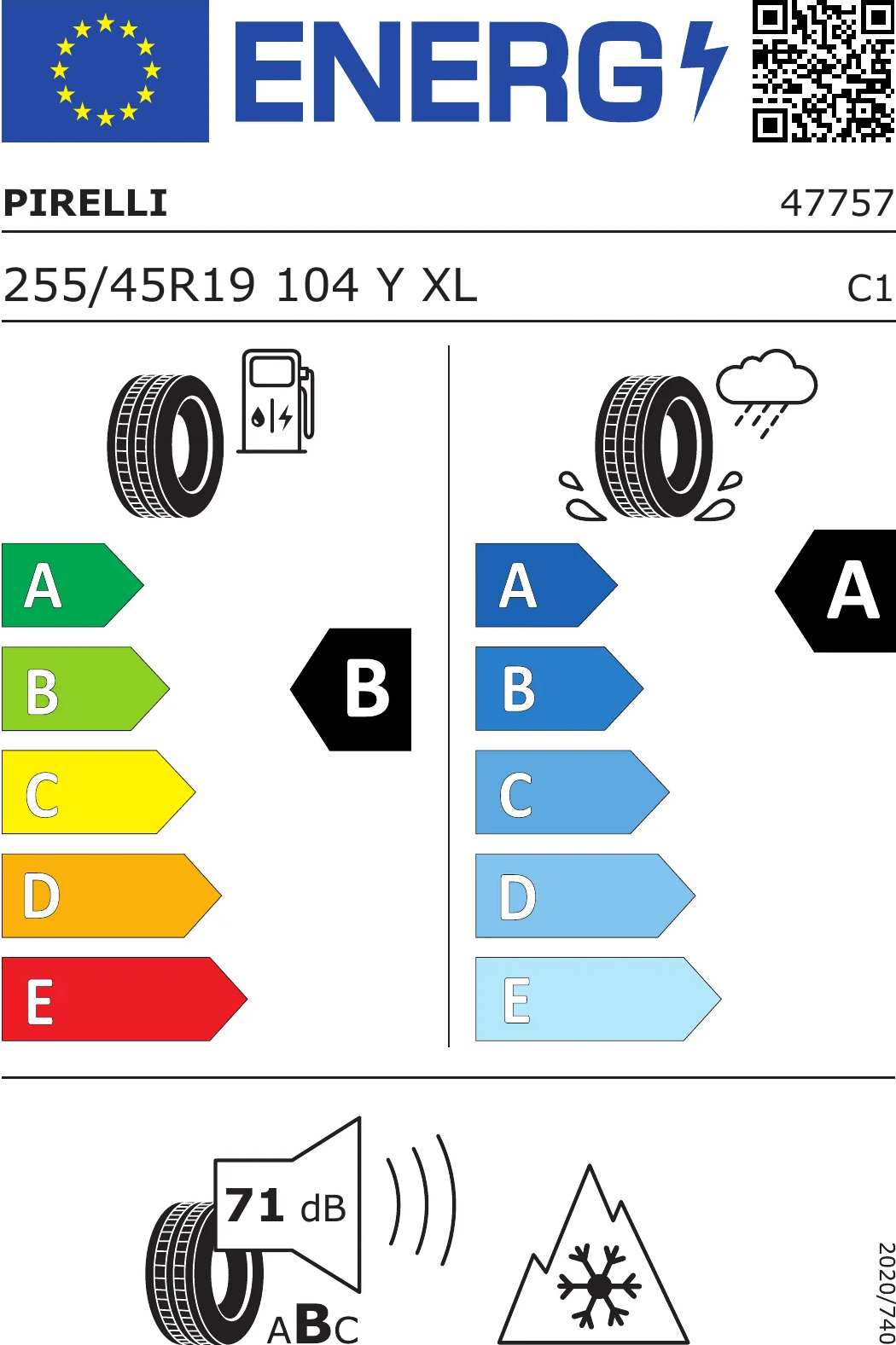 EU-däcketikett för Pirelli Cinturato All Season SF3 255/45R19 104Y XL