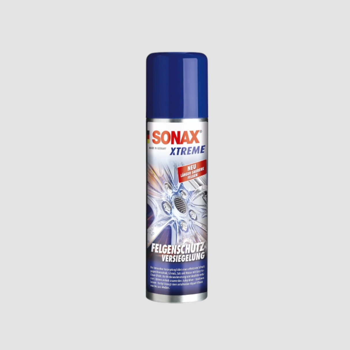Sonax Xtreme fälgförsegling i blå sprayflaska för bilvård.