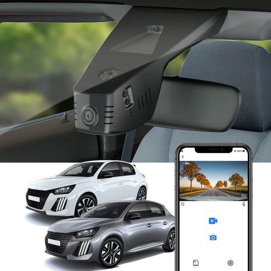 FitCamX dashcam monterad i Peugeot e-208, visad med app-anslutning och två bilmodeller.