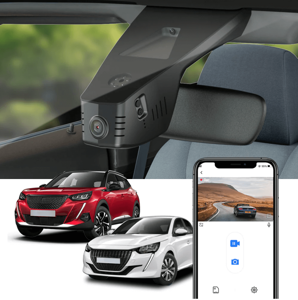 FitCamX dashcam för Peugeot e-2008 monterad i bil, med app på telefon.