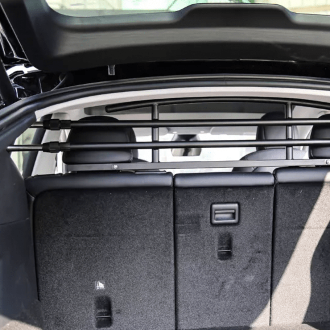 Hundgrind sedd från bagageutrymmet i Tesla Model Y