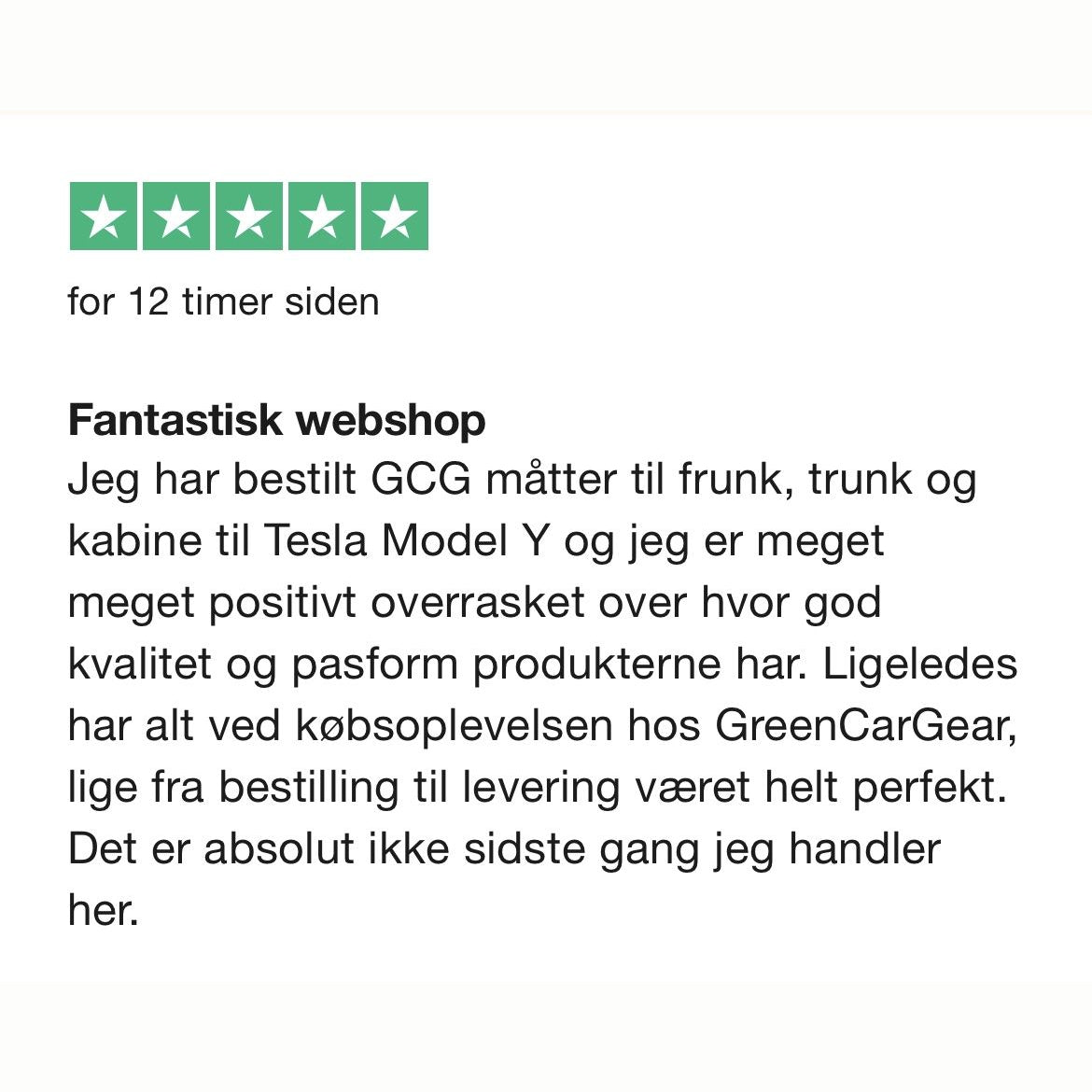 Kundrecension med fem stjärnor för Greencargear, om mattor till Tesla Model Y