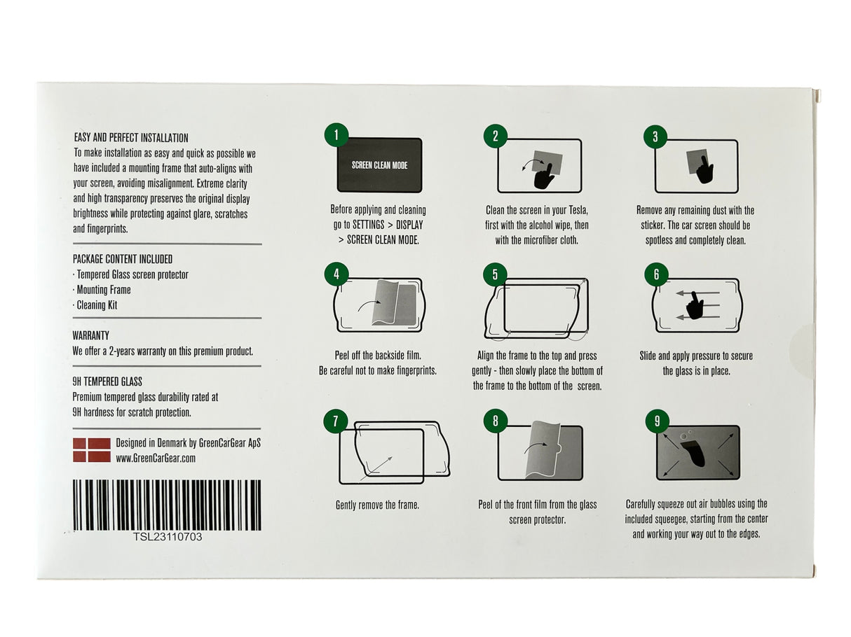Manual som visar montering av skärmskydd för Tesla Model 3 och Y