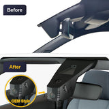 Före- och efterbild av FitCamX Dashcam installerad i en Peugeot e-208 2020-2025 vid backspegeln.