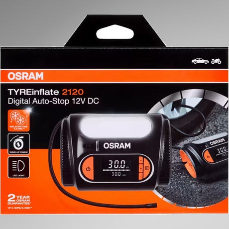 Osram TYREinflate 2120 emballage med produktbillede og funktionsikoner