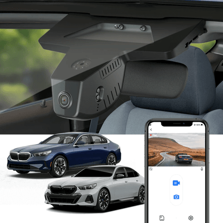 FitCamX dashcam för BMW i5 2024 (G60) med smartphone-app och två bilar.