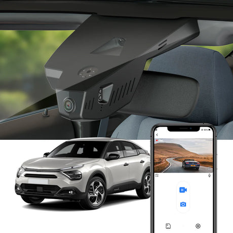 FitCamX dashcam monterad i Citroen e-C4 2021-2024, visad tillsammans med livevisning på smartphone.