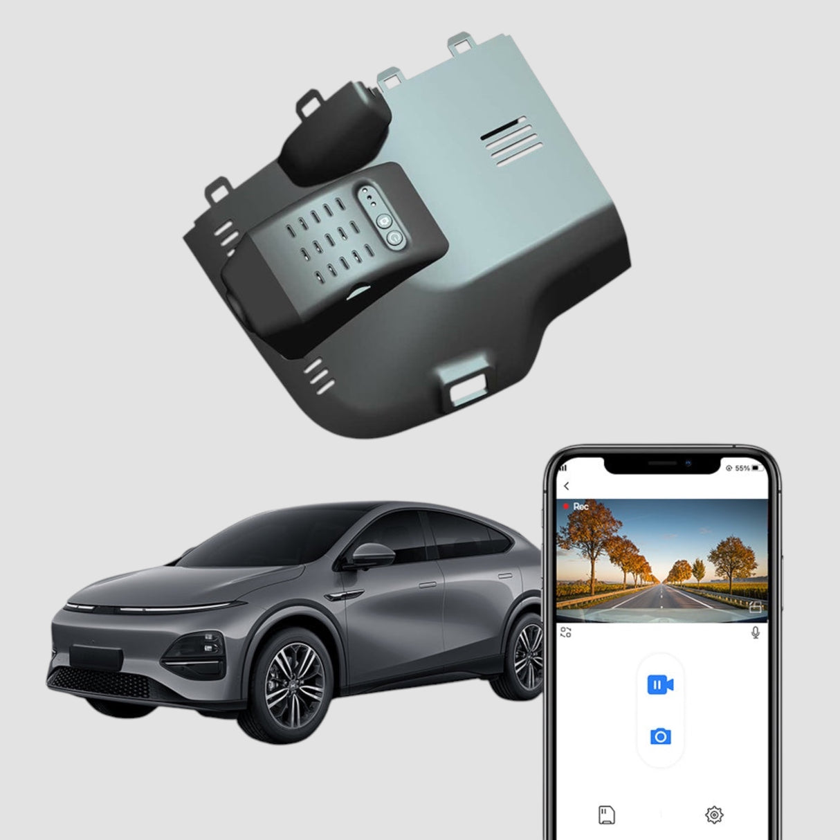 FitCamX dashcam för XPENG G6 2022-2025, visad med live app-anslutning.
