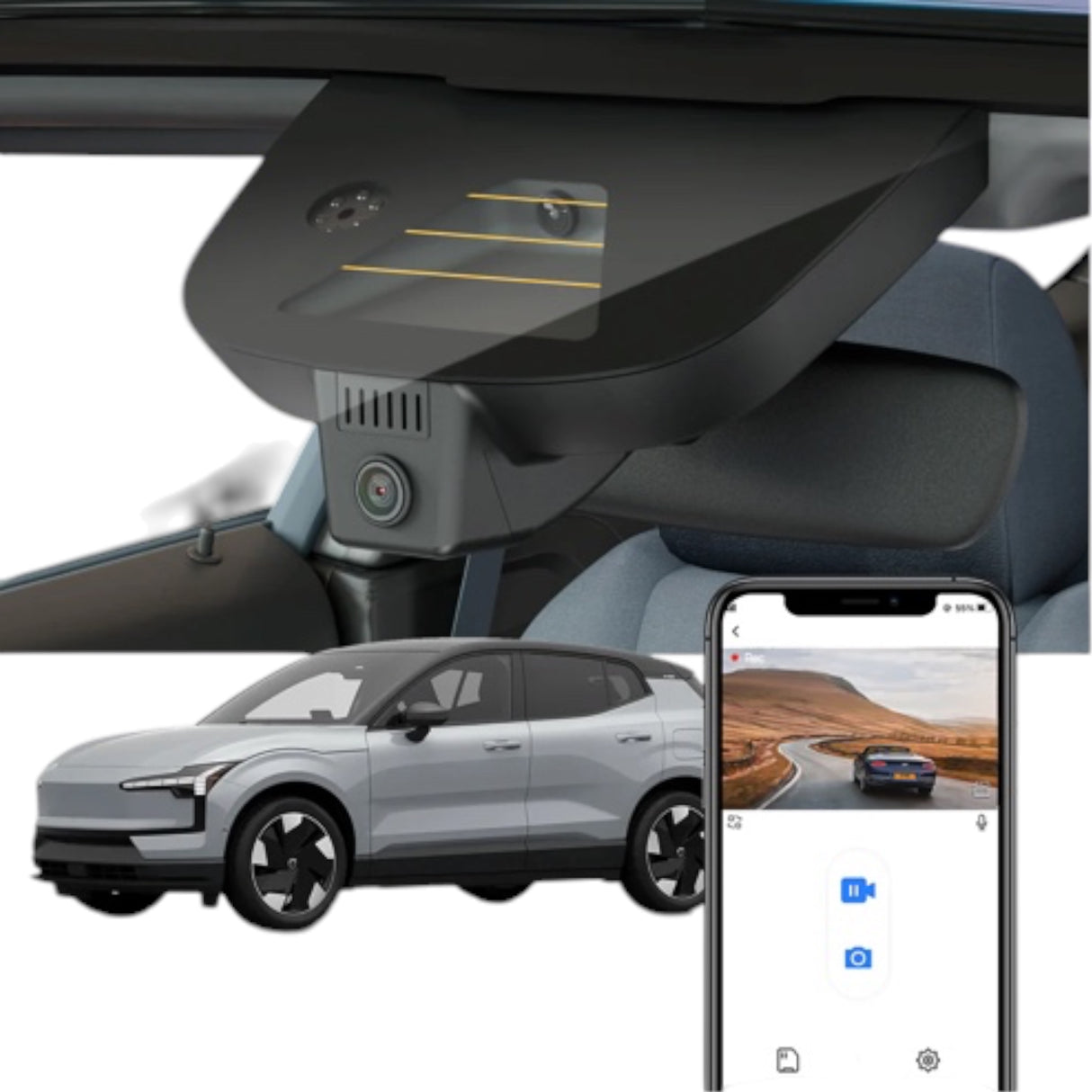 FitCamX Dashcam för Volvo EX30 2024, med appvisning och bilmodell.