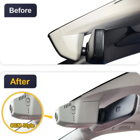 FitCamX dashcam installerad i Skoda Elroq 2025, före och efter montering, OEM-stil visas.