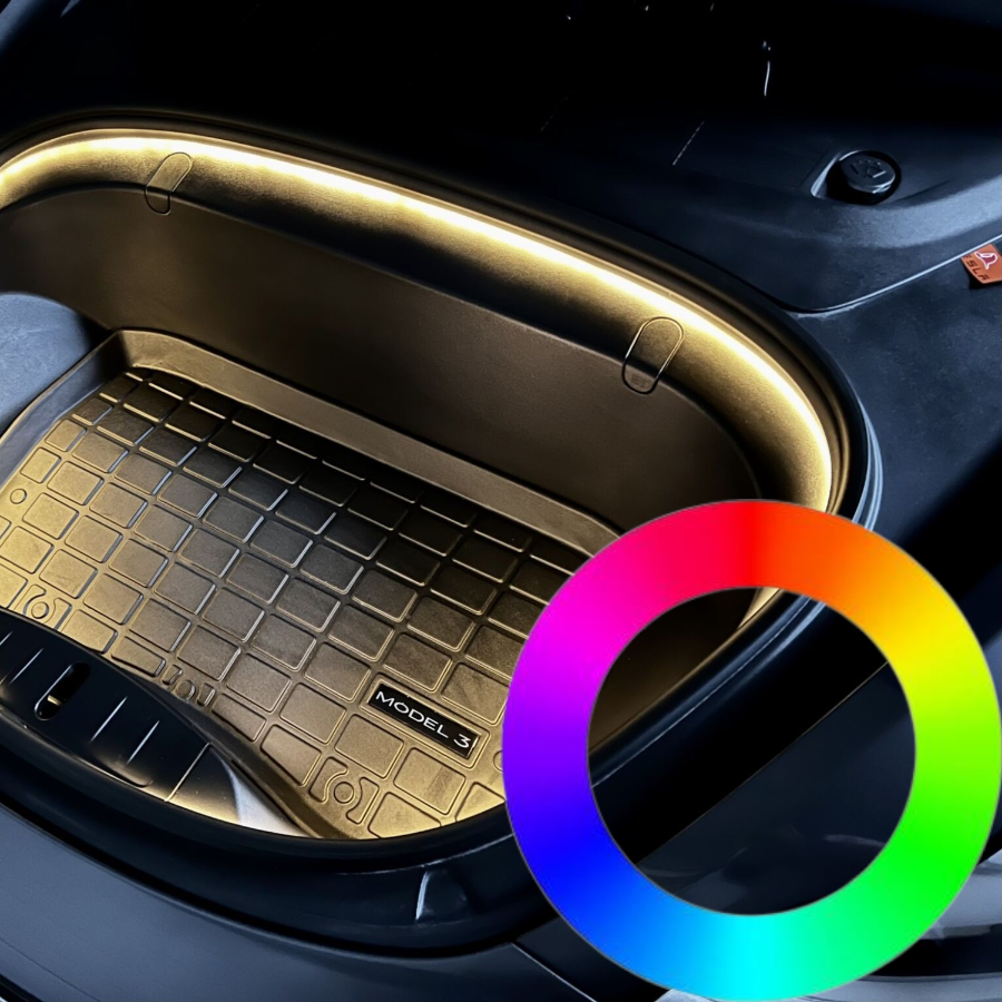 Frunk LED RGB-ljusslinga i Tesla Model 3/Y med färghjul.