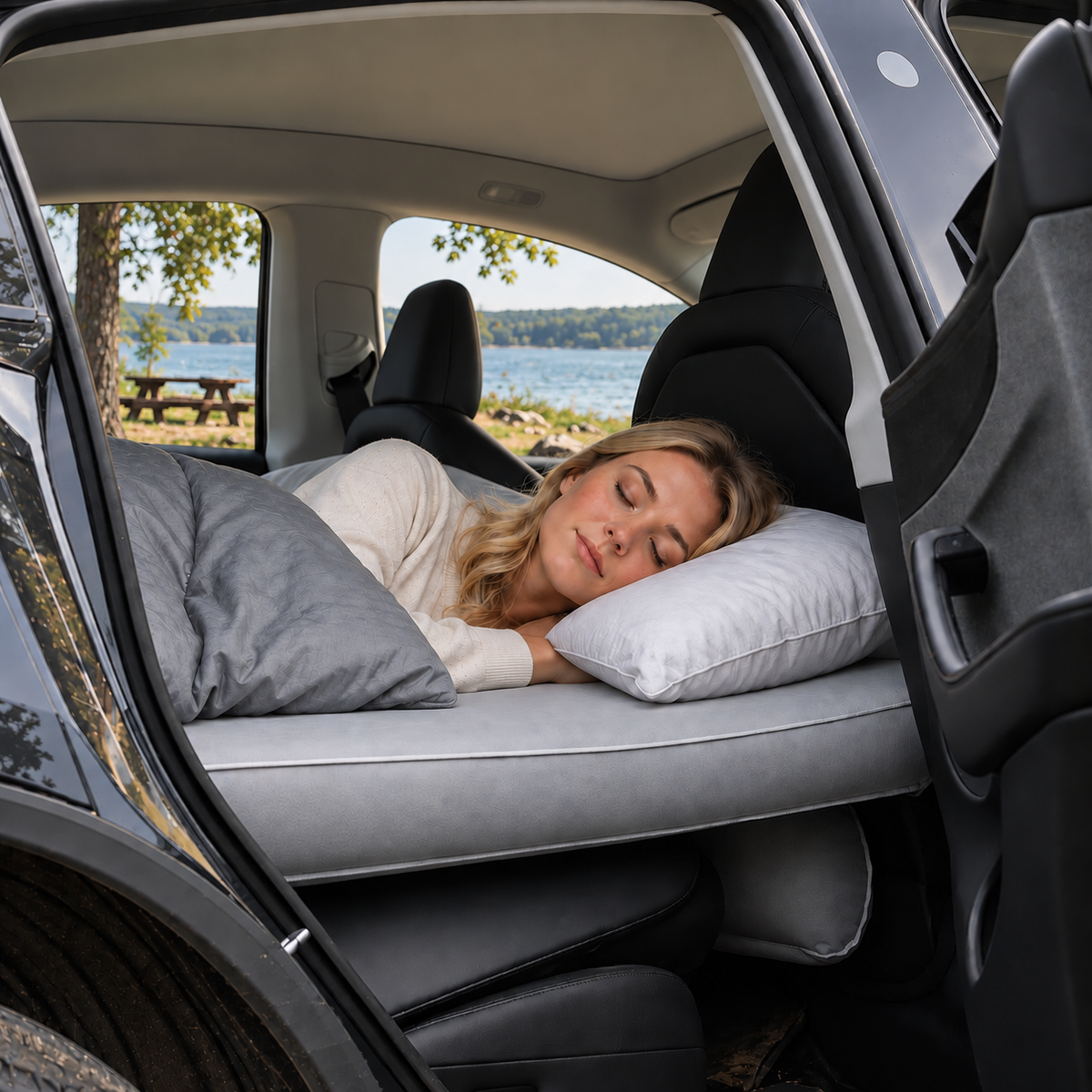 GCG MAX LevelComfort madras I en Tesla, hvor der ligger en kvinde og sover.
