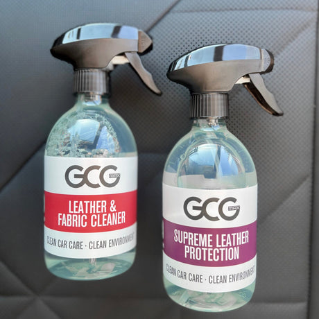 GCG MAX sätesvårdset med Leather & Fabric Cleaner och Supreme Leather Protection.