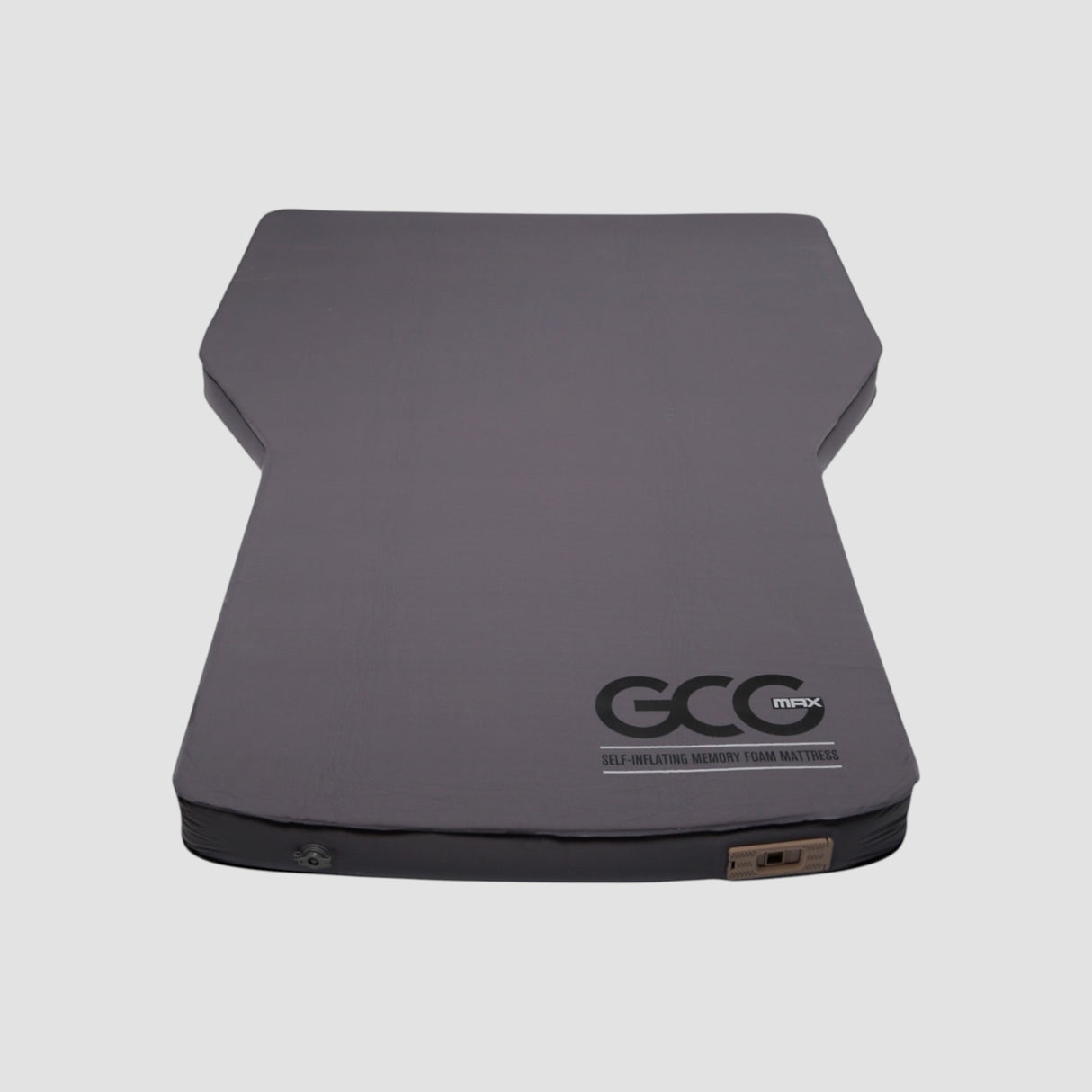GCG MAX Komfort luftmadrass med memory foam i grå, sedd uppifrån på vit bakgrund.