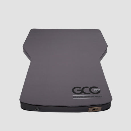 GCG MAX Premium luftmadrass med memory foam i grå, sedd uppifrån på vit bakgrund.