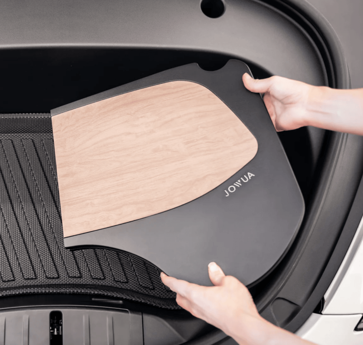 Hopfällbart bord i kolfiberlook med mugghållare för Tesla Model S/3/X/Y.