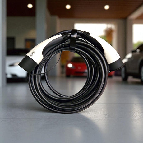 GCG MAX laddkabel Typ 2 för elbilar, hoprullad på klinkergolv.