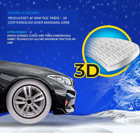Bil med Matte SUPER-X snösockor för optimalt grepp i snön