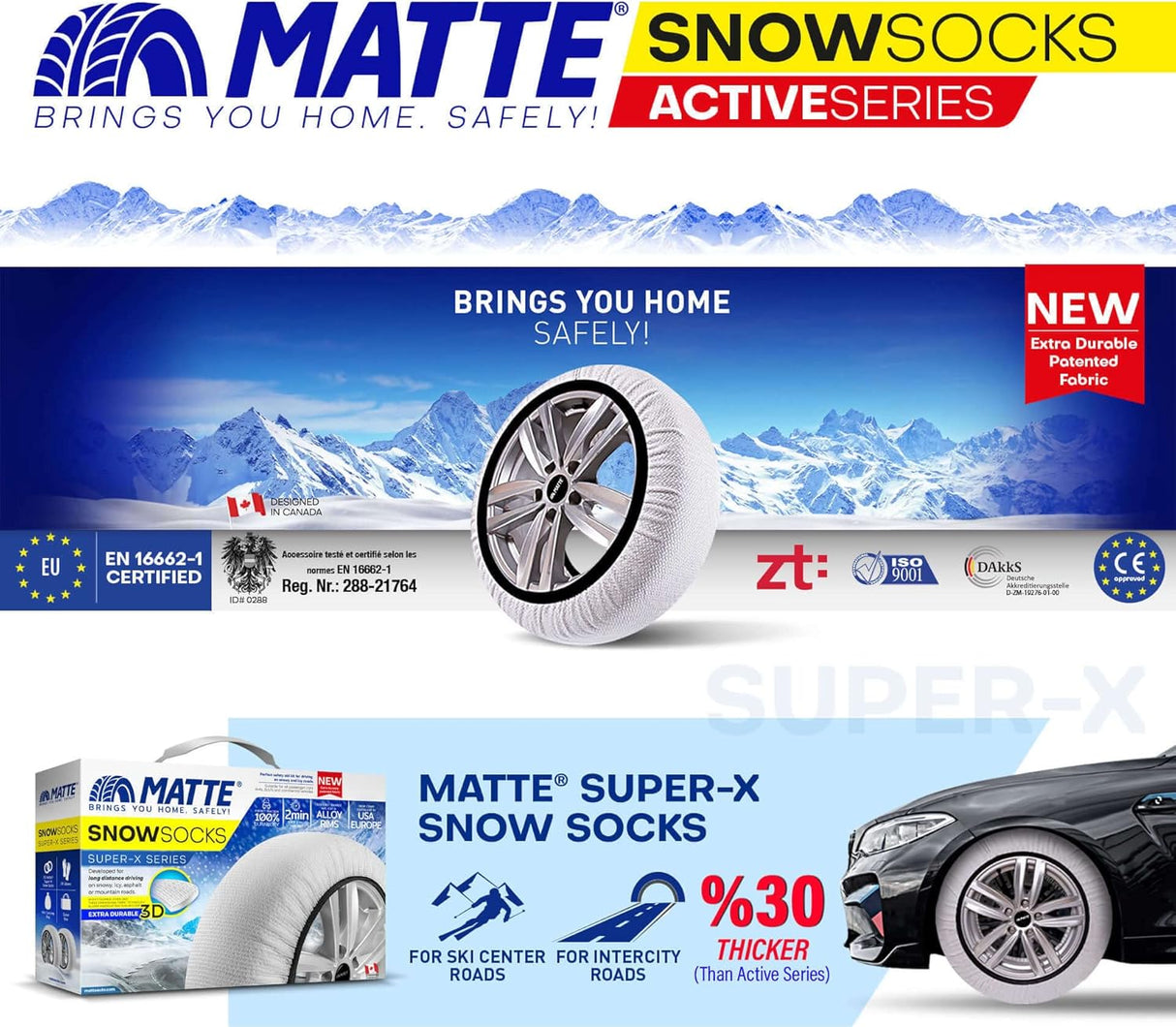 Matta Super-X snösockor för bilar med logotyp och tekniska specifikationer.