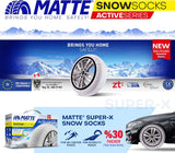 Matta Super-X snösockor för bilar med logotyp och tekniska specifikationer.