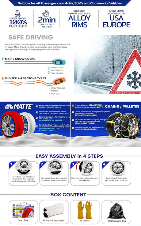 Matta SUPER-X snösockor monterade på däck i detaljerad presentation.