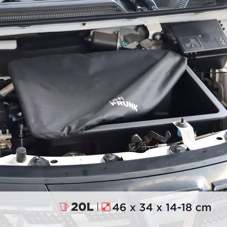 Rati frunk förvaringslåda för Dacia Spring med 20L kapacitet, mäter 46x34x14-18 cm.
