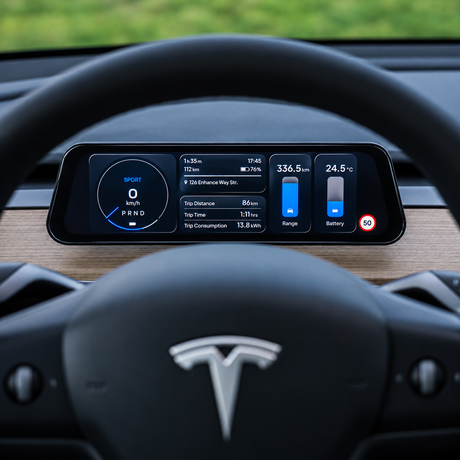 S3XY Dash instrumentdisplay monterad bakom ratten i Tesla Model 3/Y