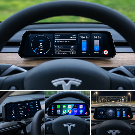 S3XY Dash i Tesla Model 3/Y med olika skärmvyer, bl.a. Apple CarPlay