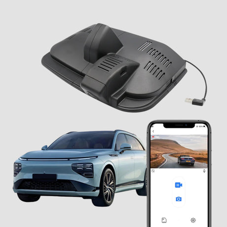 FitCamX dashcam för XPENG G9, visad med bil och smartphone-app för inspelning.