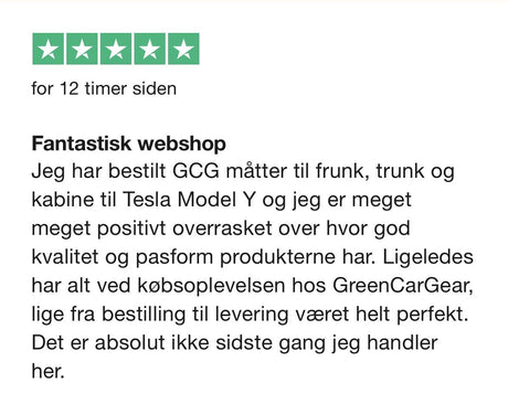 Kundrecension med fem stjärnor för Greencargear, om mattor till Tesla Model Y