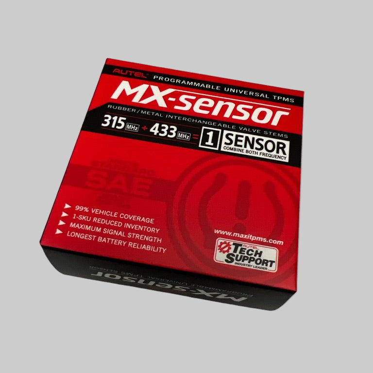 MX-sensor inpackad i en röd låda. Lådan berättar om sensorens funktioner.