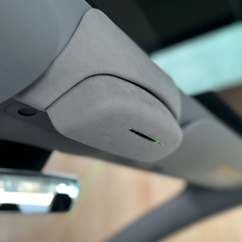 solglasögonhållare monterad på Tesla med suddig bakgrund